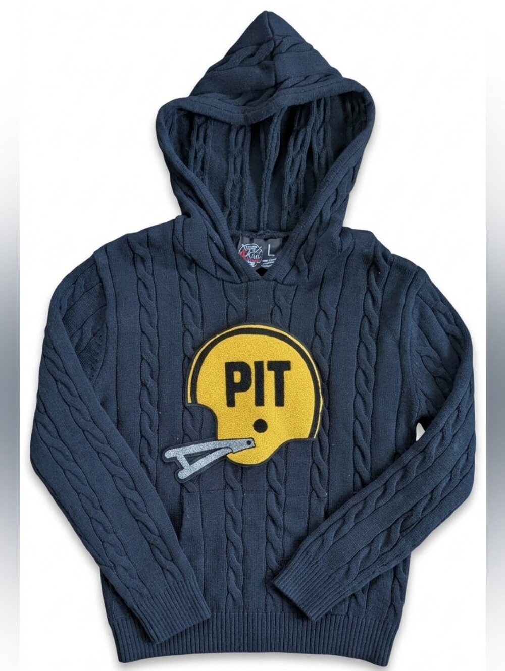PIT Cable-Knit Hooded Sweater with Helmet Patch - Black